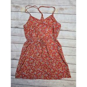 Women's American Eagle Mini Dress Orange Coral Floral Print‎ Size 4 Pockets